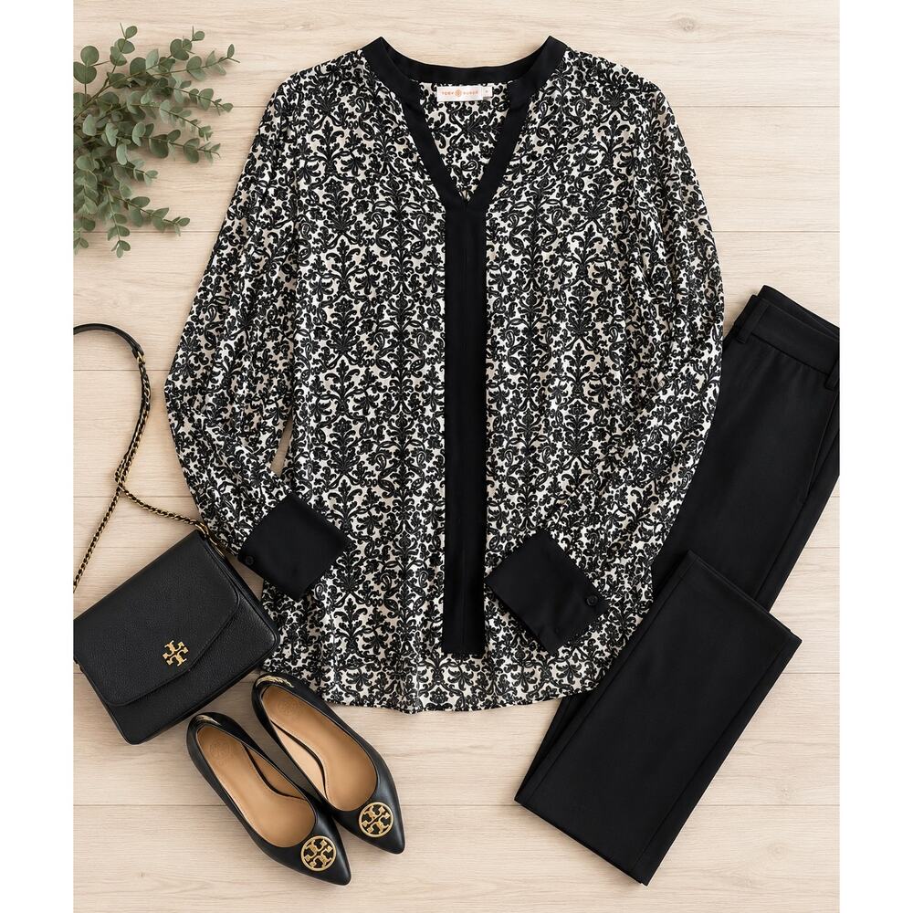 Tory Burch Black White Damask Tunic Blouse Sz 14 Silk Blend Luxe Career Chic